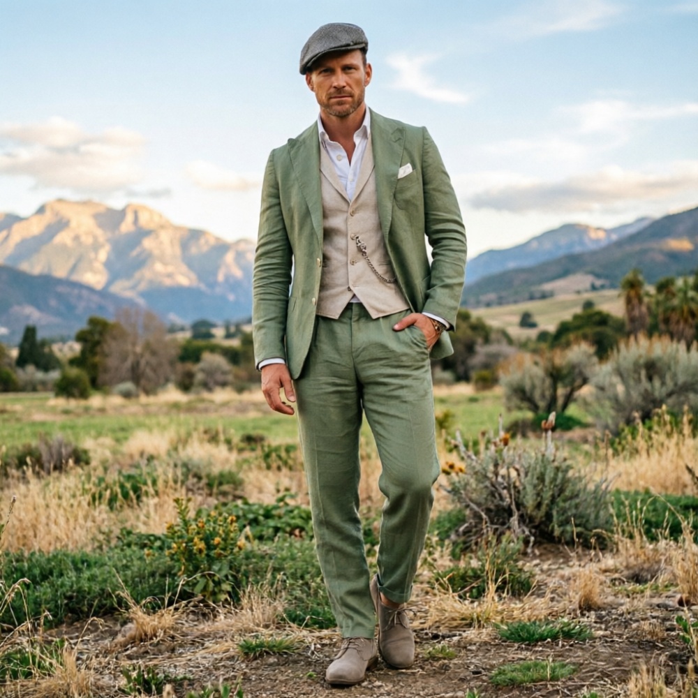 Men Formal Party Wear Outfit - 세이지 그린 리넨 남성 3피스 수트