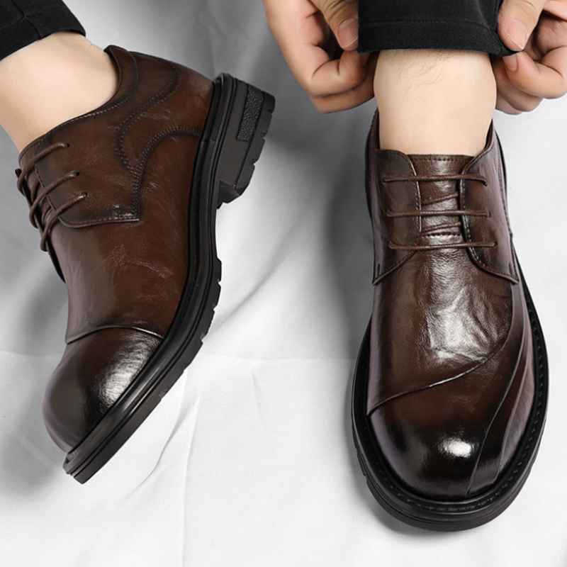 Men'S Formal Office Wear Shoes - 브라운 광택 가죽 레이스업 청키 솔