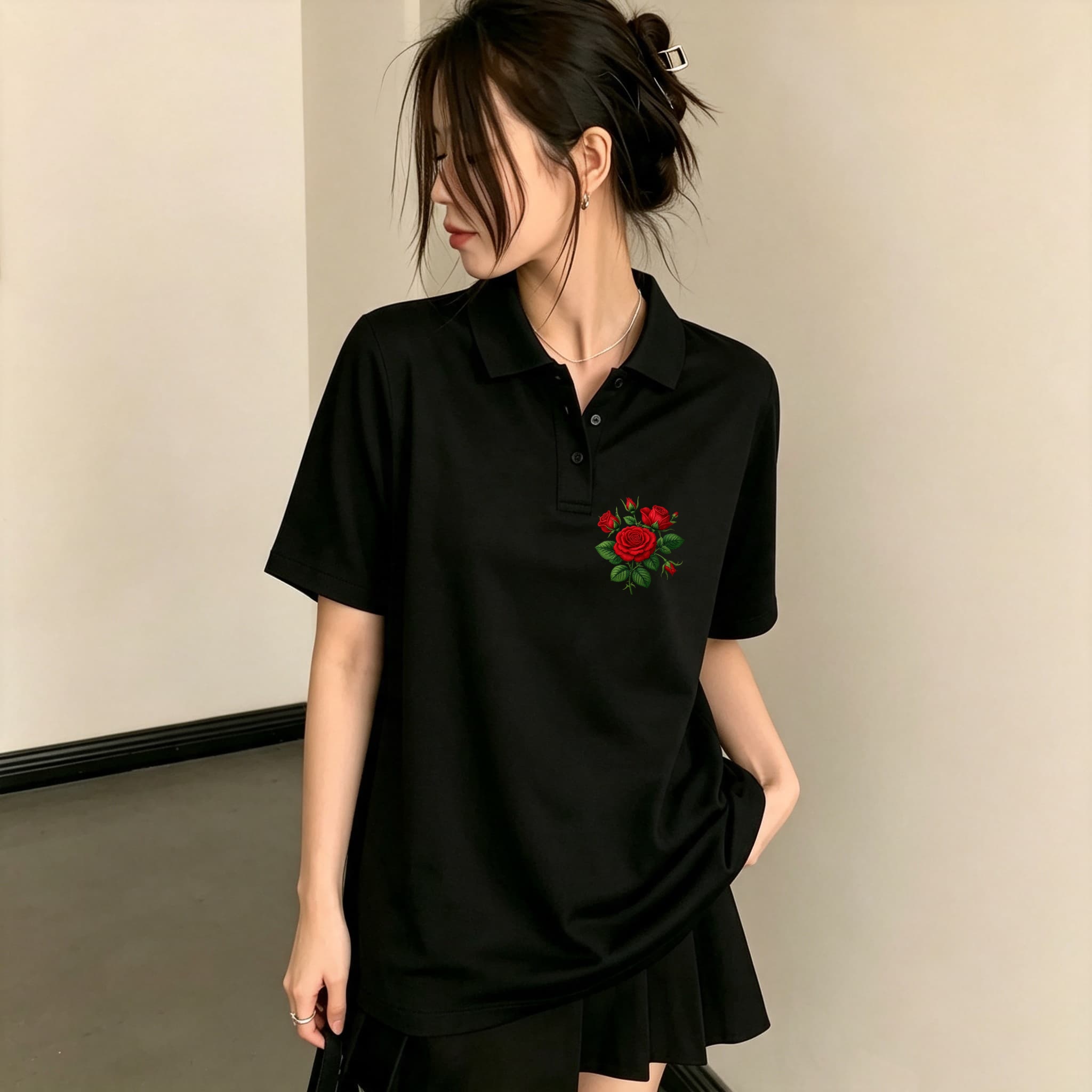Men Formal Wear Shirts - 여아용 올매치 캐주얼 블랙 폴로 블라우스,
