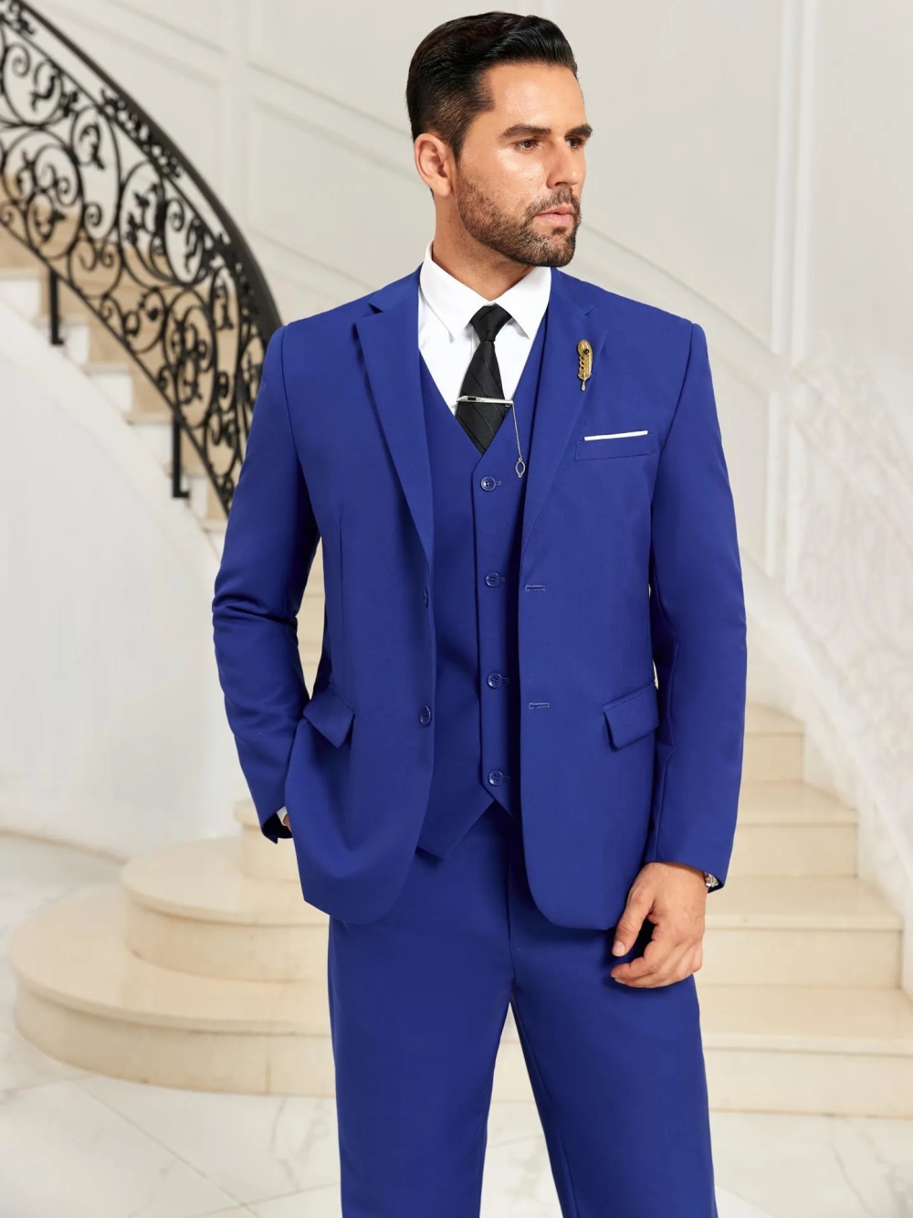 새로운 블루 남성 슬림핏 정장 3피스 비즈니스 의상 노 - Men Formal Party Wear Outfit 리뷰 및 가격